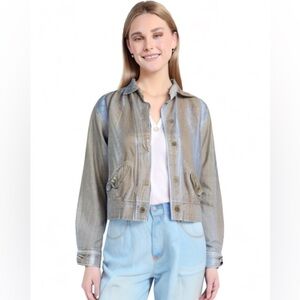 Aerie Denim Blue Floral Lined Cotton Linen Button Jacket